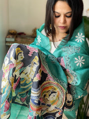 Aqua Blue Handpainted Dupatta with Kantha Hand Embroidery in Pure Silk