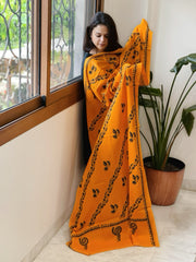 Orangish Yellow Handmade Kantha Dupatta in Pure Cotton