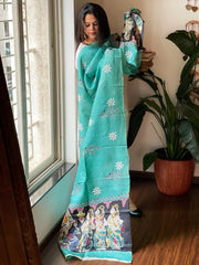 Aqua Blue Handpainted Dupatta with Kantha Hand Embroidery in Pure Silk