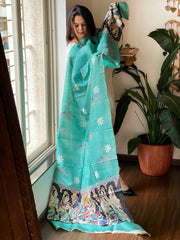 Aqua Blue Handpainted Dupatta with Kantha Hand Embroidery in Pure Silk