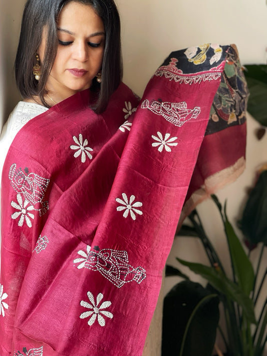 Pinkish Maroon Handpainted Dupatta with Kantha Hand Embroidery in Pure Silk