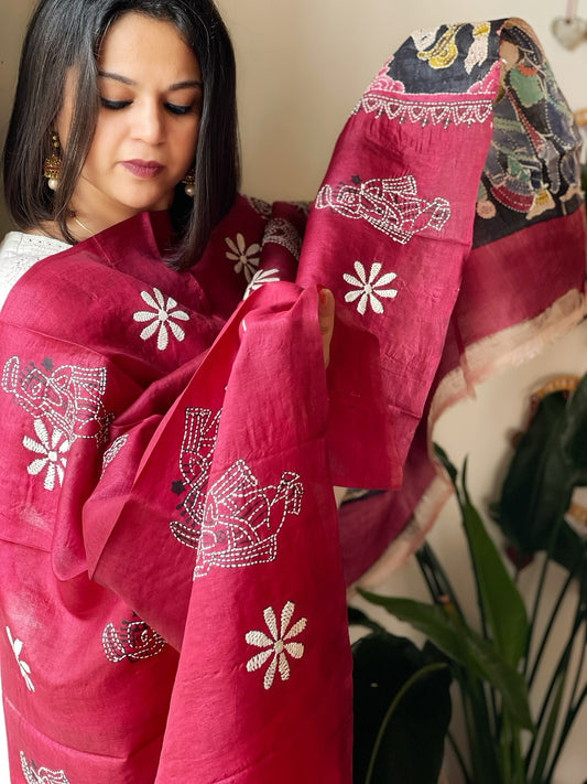 Pinkish Maroon Handpainted Dupatta with Kantha Hand Embroidery in Pure Silk