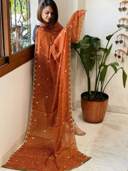 Rust Orange Printed Bandhej Chinon Dupatta with Sequin Butas and Border