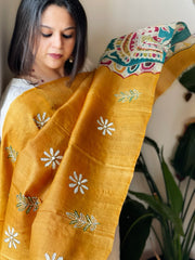 Yellow Handpainted Dupatta with Kantha Hand Embroidery in Pure Silk