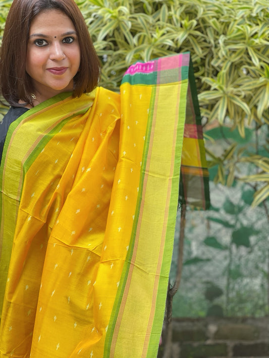 Yellow Handwoven Ikat Dupatta Pure Silk-Cotton