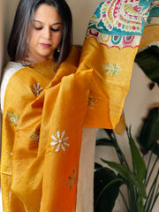 Yellow Handpainted Dupatta with Kantha Hand Embroidery in Pure Silk