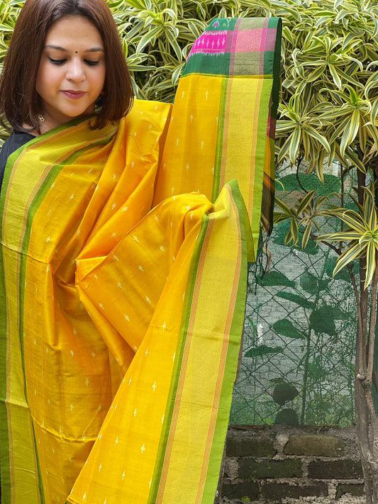 Yellow Handwoven Ikat Dupatta Pure Silk-Cotton