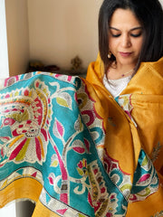 Yellow Handpainted Dupatta with Kantha Hand Embroidery in Pure Silk