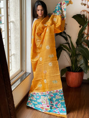 Yellow Handpainted Dupatta with Kantha Hand Embroidery in Pure Silk