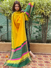 Yellow Handwoven Ikat Dupatta Pure Silk-Cotton