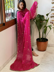 Hot Pink Printed Bandhej Chinon Dupatta with Sequin Butas and Border