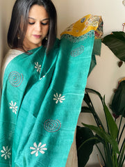 Aqua Blue Handpainted Dupatta with Kantha Hand Embroidery in Pure Silk