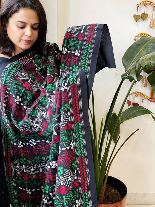 Black Handmade Kantha Dupatta in Pure Cotton