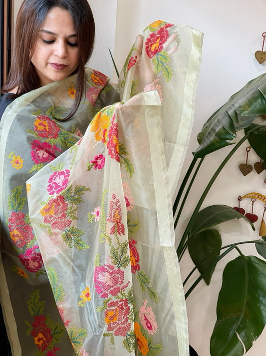 Dusty Green Organza Dupatta with cross-stitch embroidery