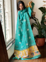 Aqua Blue Handpainted Dupatta with Kantha Hand Embroidery in Pure Silk