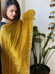 Mustard Yellow Printed Bandhej Chinon Dupatta with Sequin Butas and Border