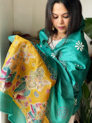 Aqua Blue Handpainted Dupatta with Kantha Hand Embroidery in Pure Silk