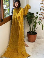 Mustard Yellow Printed Bandhej Chinon Dupatta with Sequin Butas and Border