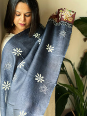 Navy Blue Handpainted Dupatta with Kantha Hand Embroidery in Pure Silk