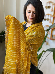 Mustard Yellow Printed Bandhej Chinon Dupatta with Sequin Butas and Border