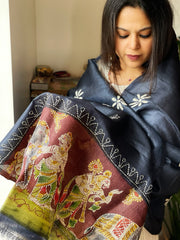 Navy Blue Handpainted Dupatta with Kantha Hand Embroidery in Pure Silk