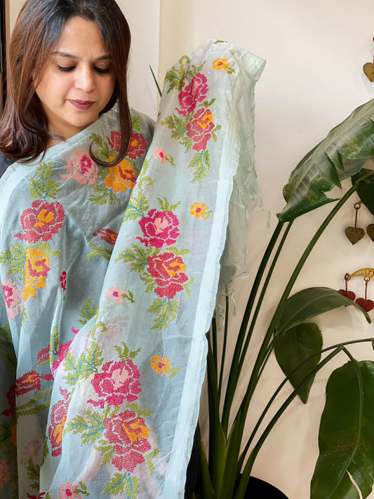 Sea Green Organza Dupatta with cross-stitch embroidery