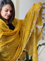 Mustard Yellow Printed Bandhej Chinon Dupatta with Sequin Butas and Border
