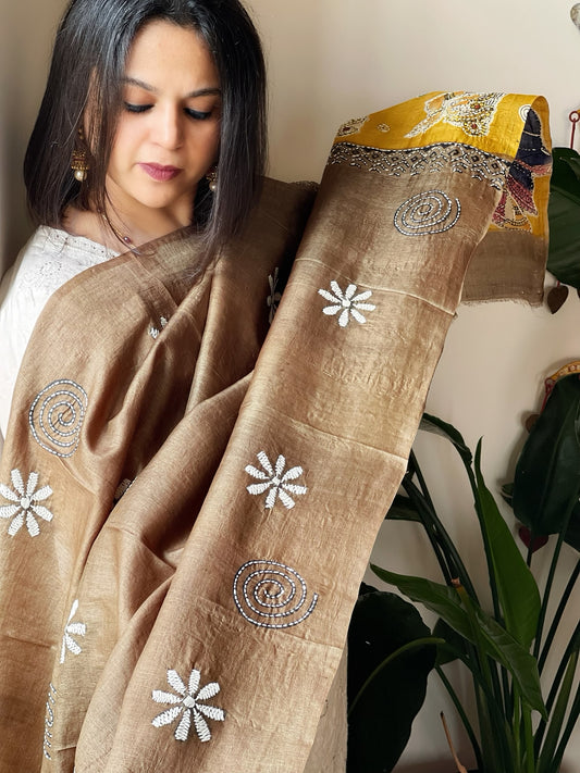 Golden Brown Handpainted Dupatta with Kantha Hand Embroidery in Pure Silk