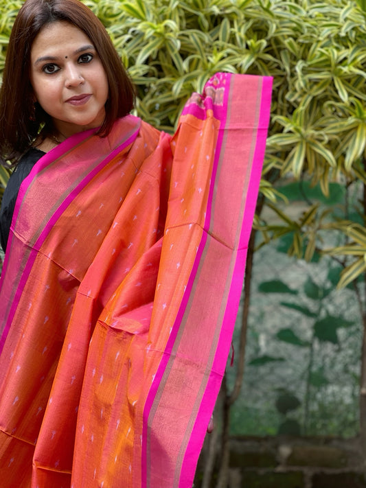 Orange Handwoven Ikat Dupatta Pure Silk-Cotton