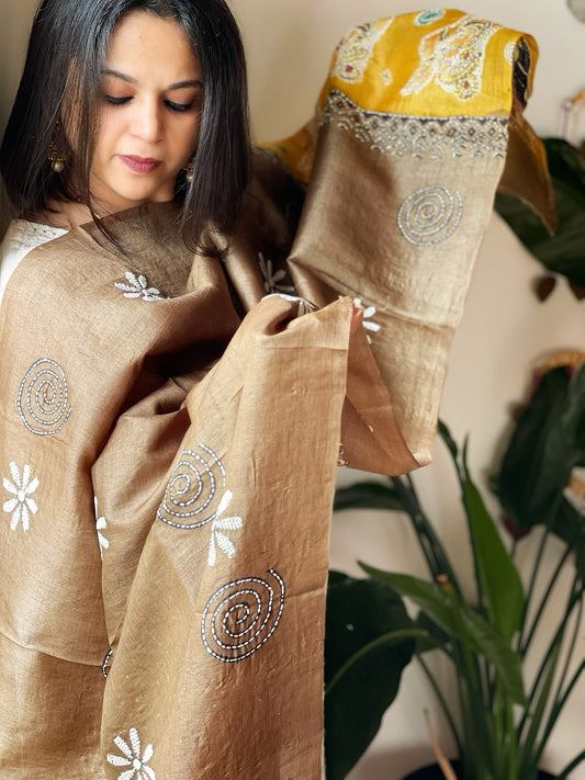 Golden Brown Handpainted Dupatta with Kantha Hand Embroidery in Pure Silk