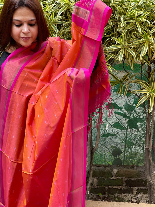 Orange Handwoven Ikat Dupatta Pure Silk-Cotton