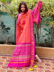 Orange Handwoven Ikat Dupatta Pure Silk-Cotton