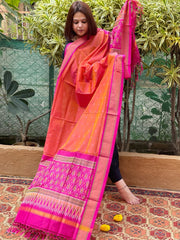 Orange Handwoven Ikat Dupatta Pure Silk-Cotton