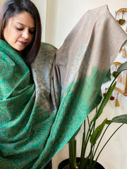 Green, Grey Handmade Reverse Nakshi Kantha Dupatta in Pure Tussar Silk