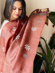 Rust Handpainted Dupatta with Kantha Hand Embroidery in Pure Silk