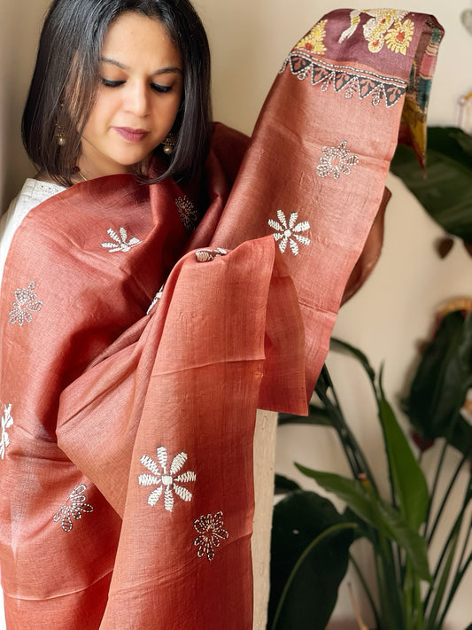 Rust Handpainted Dupatta with Kantha Hand Embroidery in Pure Silk