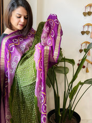 Pink, Green Handmade Bandhani Dupatta on Pure Silk