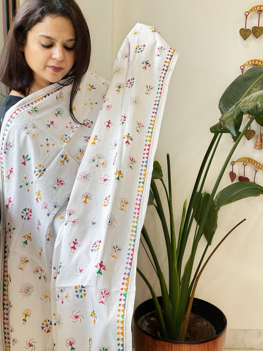 White Handmade Kantha Dupatta in Pure Cotton