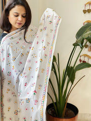 White Handmade Kantha Dupatta in Pure Cotton