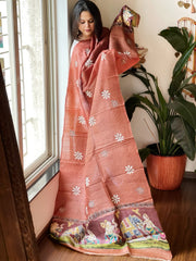 Rust Handpainted Dupatta with Kantha Hand Embroidery in Pure Silk