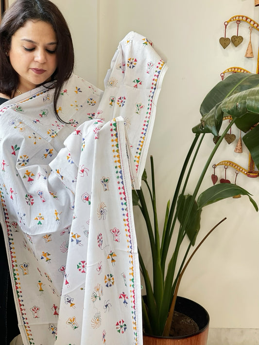 White Handmade Kantha Dupatta in Pure Cotton
