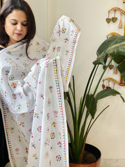 White Handmade Kantha Dupatta in Pure Cotton
