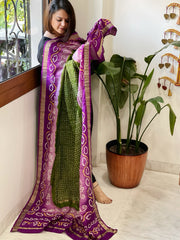 Pink, Green Handmade Bandhani Dupatta on Pure Silk