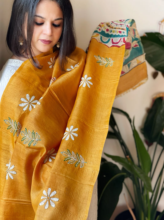 Yellow Handpainted Dupatta with Kantha Hand Embroidery in Pure Silk