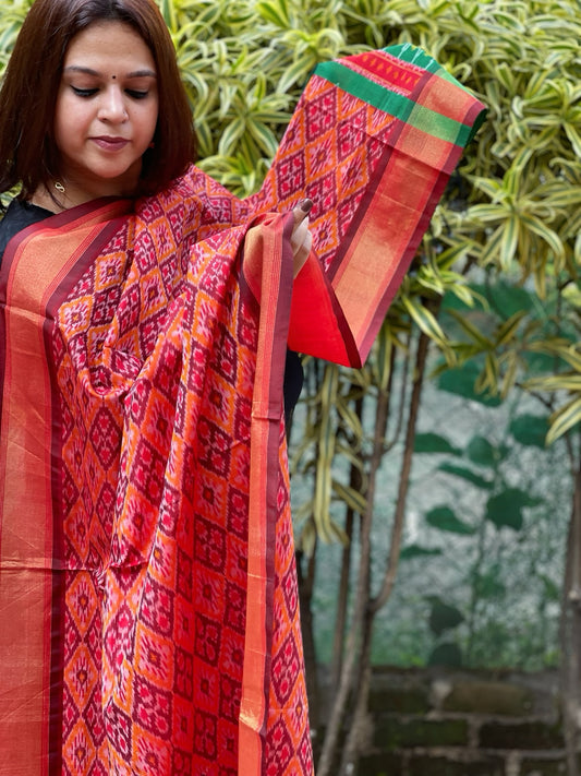 Lite Orange Handwoven Ikat Dupatta Pure Silk-Cotton