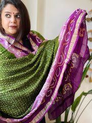 Pink, Green Handmade Bandhani Dupatta on Pure Silk