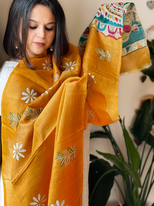 Yellow Handpainted Dupatta with Kantha Hand Embroidery in Pure Silk