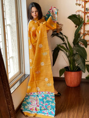 Yellow Handpainted Dupatta with Kantha Hand Embroidery in Pure Silk