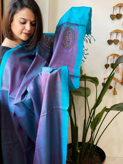 Blue Handmade Kutchi Embroidered Dupatta in Pure Tussar Silk