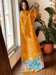 Yellow Handpainted Dupatta with Kantha Hand Embroidery in Pure Silk